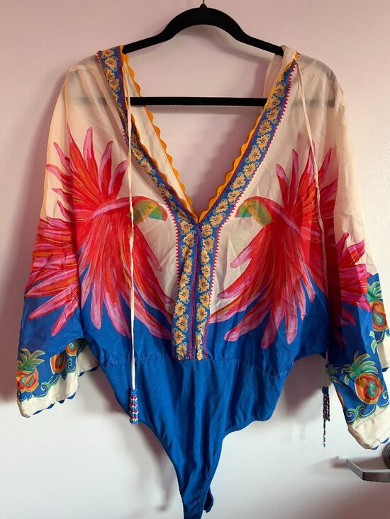 FARM Rio Tops - Pink and Blue Parrot Bodysuit w/ Tassels from FarmRio